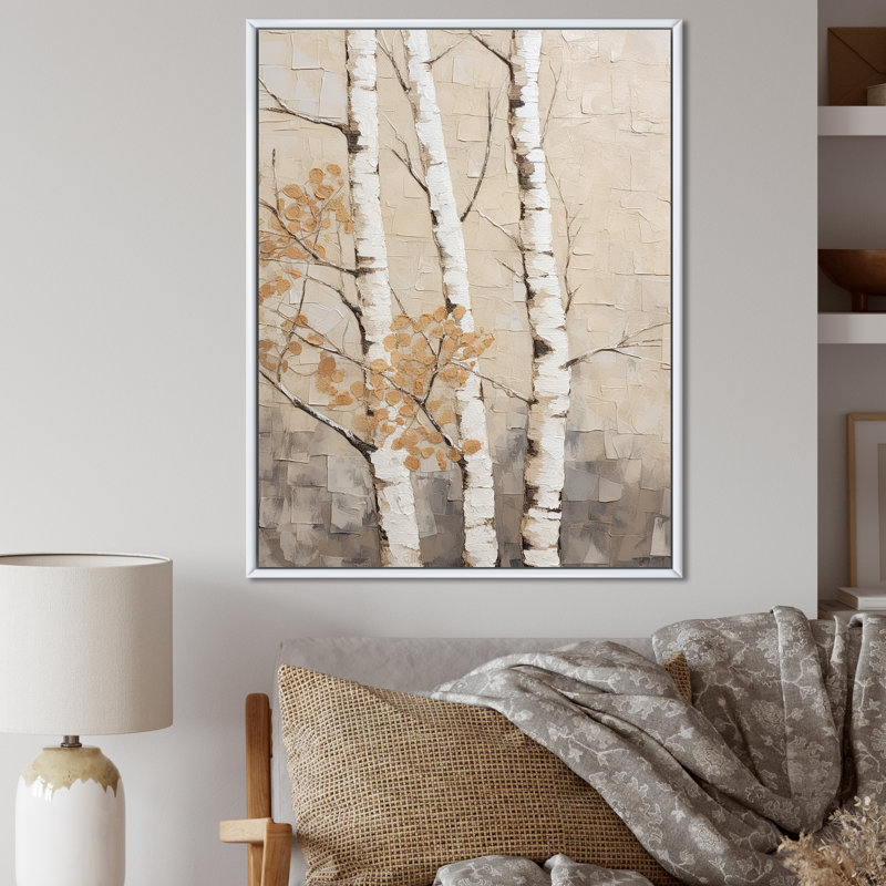 Beige minimalisme arbre bouleau III sur toile, Cadre flottant blanc, H 40 po x l 30 po x P 1,5 po