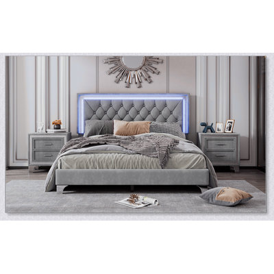 Upholstered Bed Frame With LED Lights,Modern Velvet Platform Bed With Crystal Tufted Headboard by Ivy Bronx