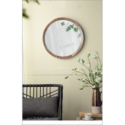 Miroir mural circulaire en bois de manguier de style transitionnel D20x1,5 po
