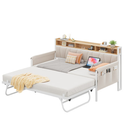 Daybed With Trundle Bed, Twin Bed Frame With Upholstered Storage Headboard And Charging Station, Sofa Day Bed With Strong Supports For Living Room, Bedroom, And Guest Room, White