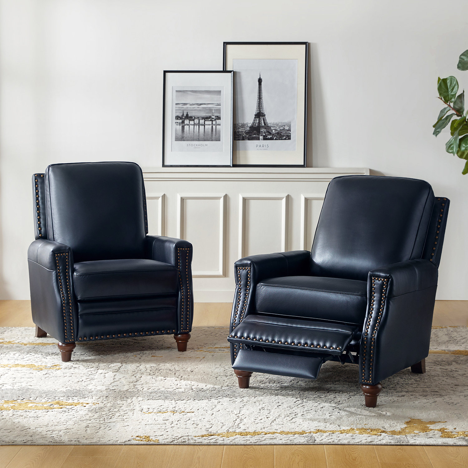 Andrena 34" W Top Grain Leather Recliner with Nailhead Trim, Genuine Leather Navy