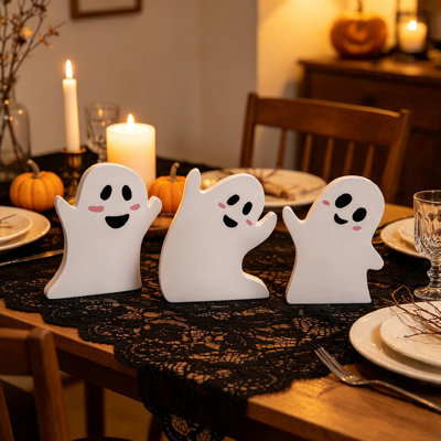 3pcs Wooden Ghost Ornaments Rustic Halloween Tiered Tray Decor Farmhouse Desktop Decoration (Set of 3)