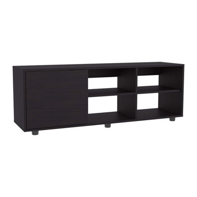 Meuble télé 51 po avec armoire à une porte, quatre tablettes ouvertes, gestion des câbles, salon, salle de télévision