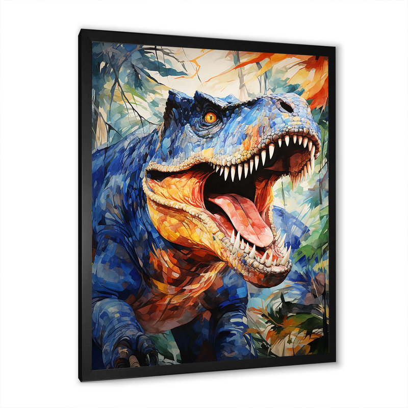«Colorful Roaring Trex Dinosaur II», art mural dinosaure, Cadre simple noir, H 32 po x l 24 po x P 1 po