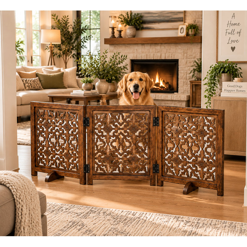 Barrière pliante pour chien en bois à 3 panneaux avec motif floral, Burnt