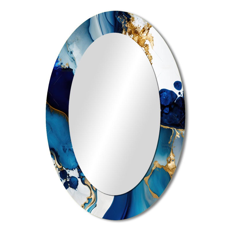 Abstrait marbre géode bleue I - décor de miroir mural ovale bleu, 36 po x 24 po