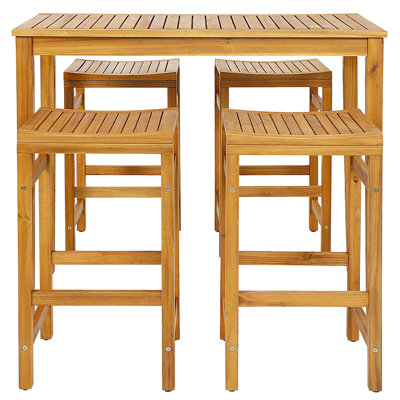 Arlmont & Co. 5 Pieces Patio Acacia Wood Bar Set Outdoor Bar Height Table & Saddle Stool Chairs Set by Winston Porter
