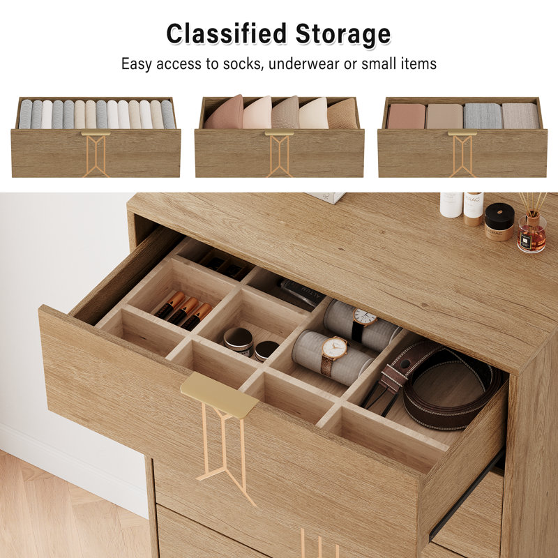 Commode haute 5 tiroirs en bois, Jaune