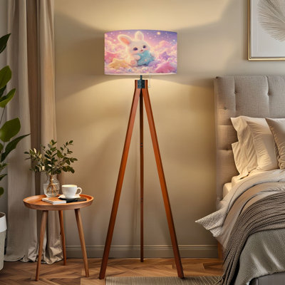  Tripod Standing Lamp Cute White Bunny Hugging Star Surrounded by Pastel Clouds Sparkling Remote Controlled Dimmable LED Floor Lamp with Beech Wood Legs & Detachable Linen Shade for Farmhouse Apartment Living Room and Bedroom