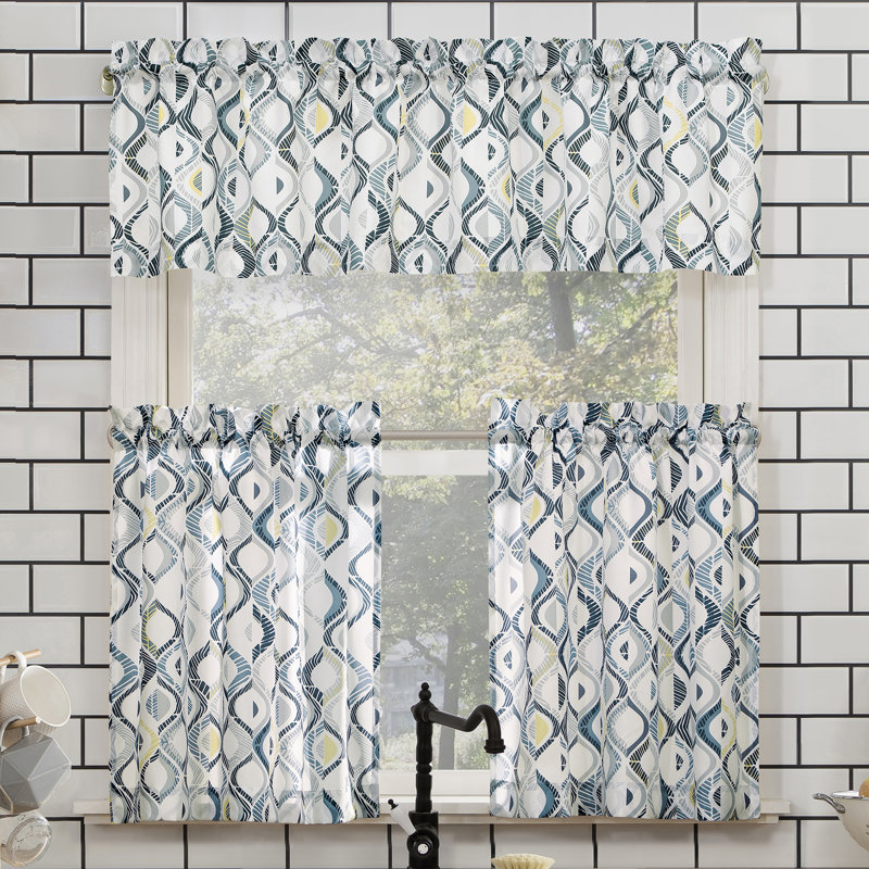Maree Geometric Semi-Sheer Rod Pocket Kitchen Curtain Valance and Tiers Set, 54" W x 24" L