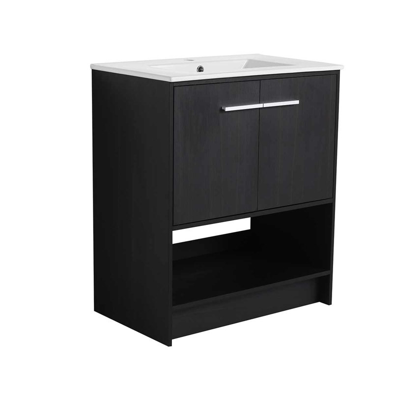 Meuble-lavabo autoportant avec lavabo en céramique et 2 portes, 30", Noir
