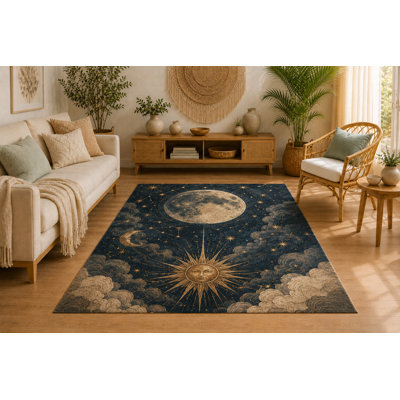"Ultra Lightweight" 5'x7' Celestial Moon Sun Area Rug, Soft Low Pile Indoor Rug with Non-Slip Silicone Backing, Decorative Carpet for Living Room, Bedroom, Dining Room, Office, Starry Sky Design
