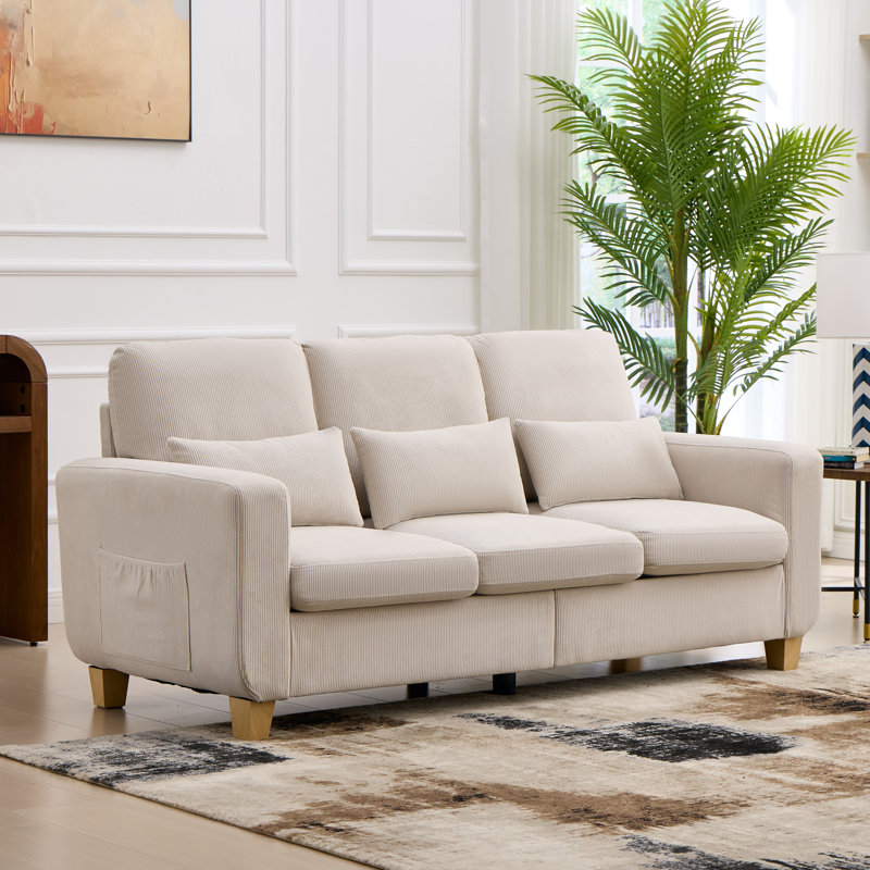 3-Seater Corduroy Sofa with 2 Throw Pillows, Deep-Seated Upholstered Couch with Square Arms, Cosy Living Room Furniture