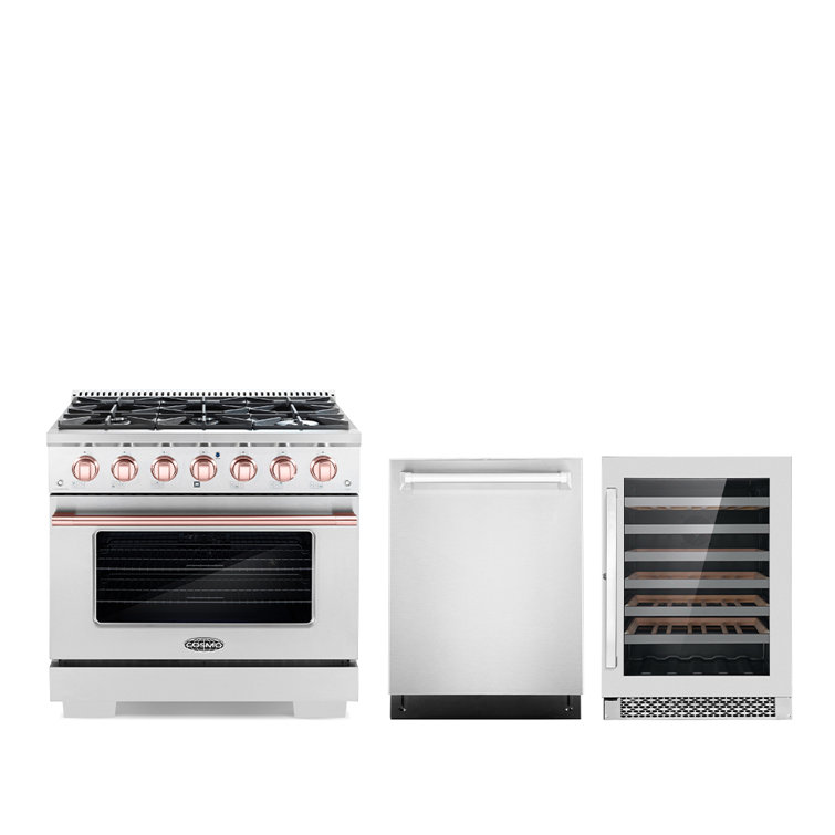 Cosmo 3 Piece Kitchen Appliance Packages with 36 Freestanding Gas Range  Kitchen Stove 36 Island Range Hood & 24 Built-in Fully Integrated