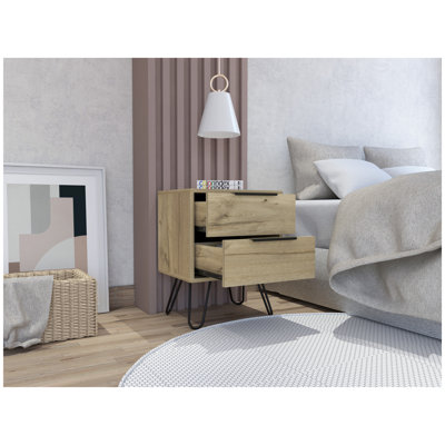Nuvo Two-Drawer Nightstand with Hairpin Legs in Light Oak Finish