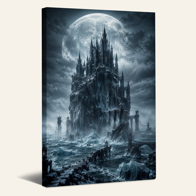 «Dark Gothic Castle on Rocky Island Under Giant Halloween», art mural sur toile, H 36 po x l 24 po
