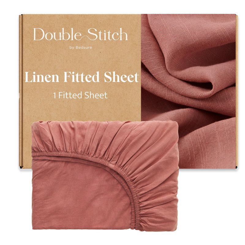 Double Stitch Linen Fitted Sheet, California King Fitted Sheet, Brick Rose