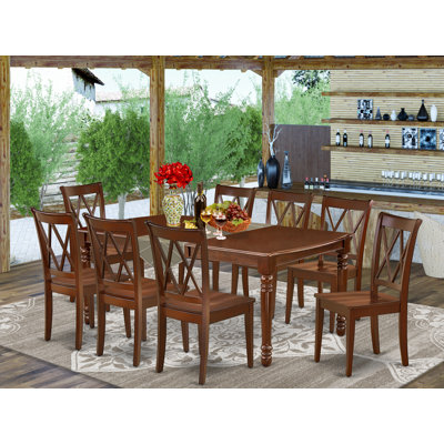 9 Piece Dining Table Set Includes a Rectangle Dining Room Table with Butterfly Leaf and 8 Wooden Seat Chairs, Mahogany