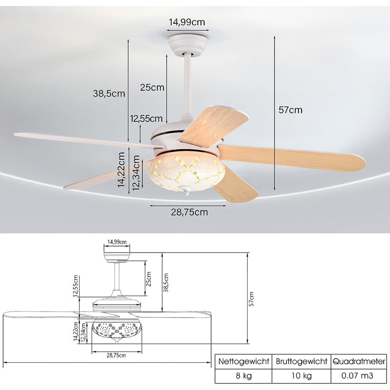 Pyburn Ceiling Fan with Light Kit, White, Natural brown
