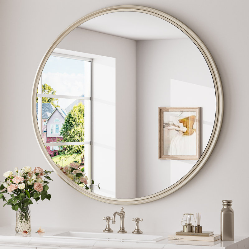 Evangelista Aluminum Alloy Framed Tempered Glass Round Wall Mirror, 32" x 32", Brushed Nickel