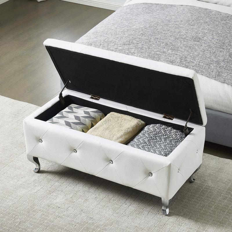 Upholstered Storage Ottoman Bench For Bedroom End Of Bed Faux Leather Rectangular Storage Benches Footrest With Crystal Buttons For Living Room Entryway