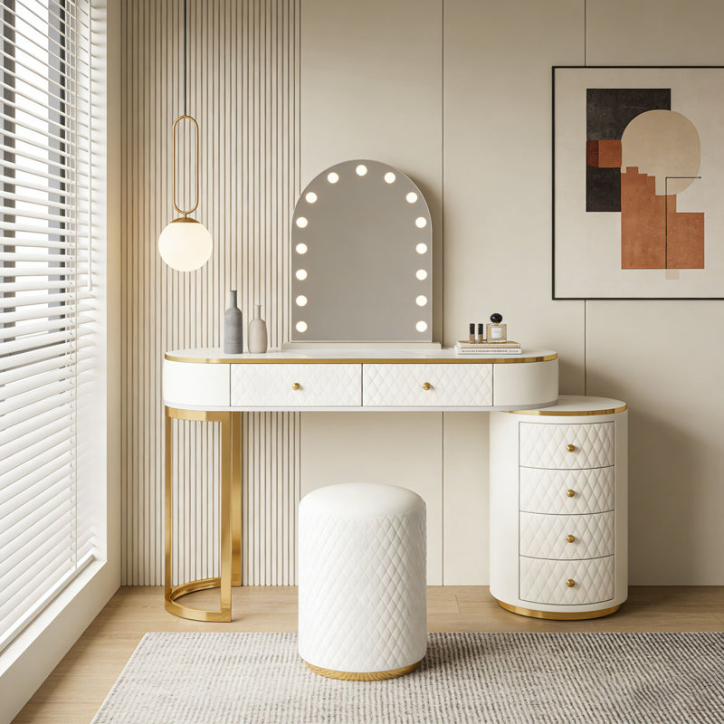 Makeup Vanity Desk with 3-Color LED Mirror & Stool, Adjustable Length Vanity Table with Movable Side Cabinet, 6 Drawers Storage, Marble-Look Sticker Top, PU Leather Drawers, Gold Stainless Stee