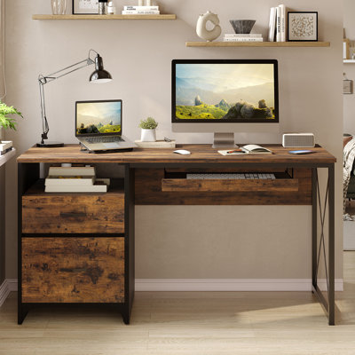 140cm Home Office Desks with 2 Storage Drawers, Reversible Computer Desks with Keyboard Tray and Open Shelf