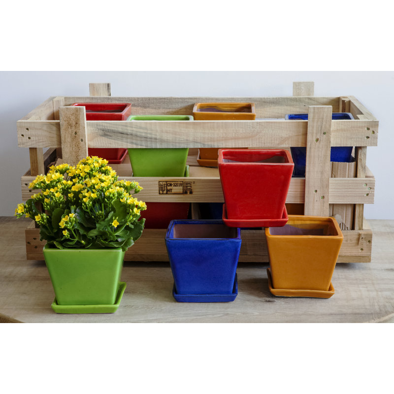 Handmade Planter, 4.5" H x 5" W x 5" D, Red/Green/Blue/Orange