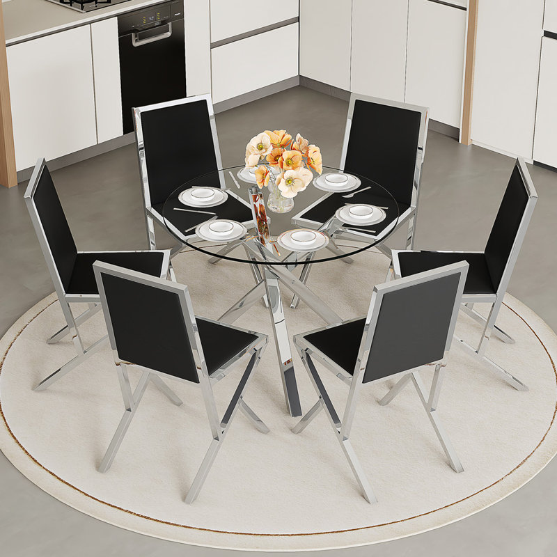 Ensemble repas pour 6 personnes, Noir + argent, transparent, 7, Noir et argent