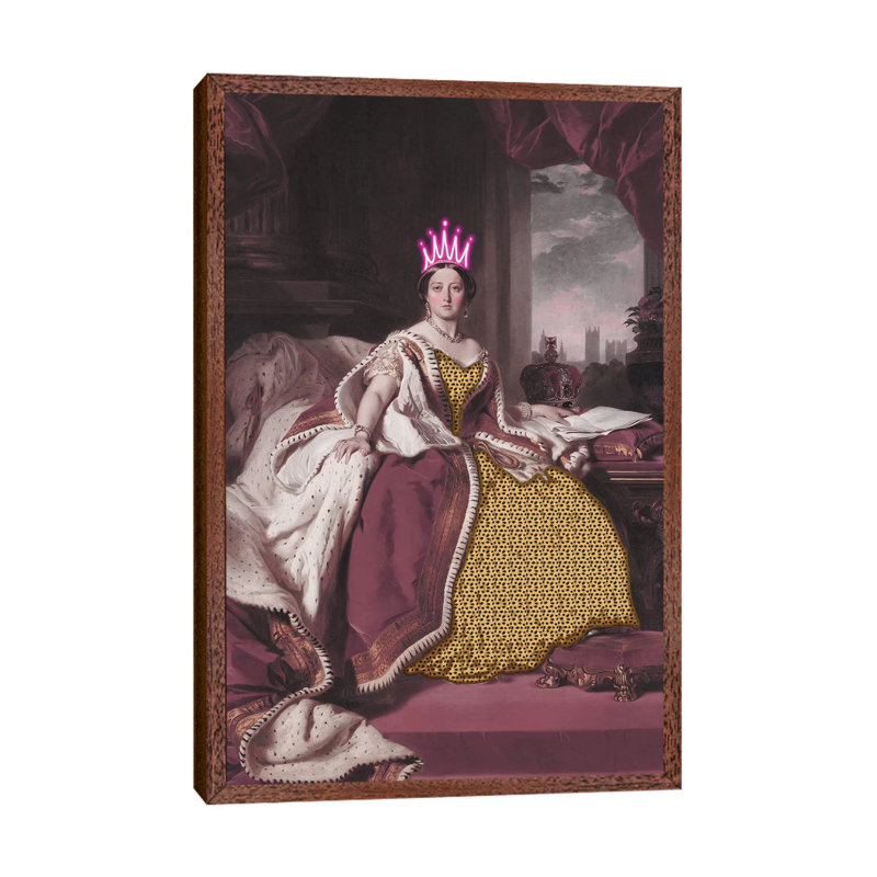 Queen Victoria With Neon Crown - Print on Canvas, Classic Brown Wood Framed, 101.6cm H x 66.04cm W x 3.81cm D