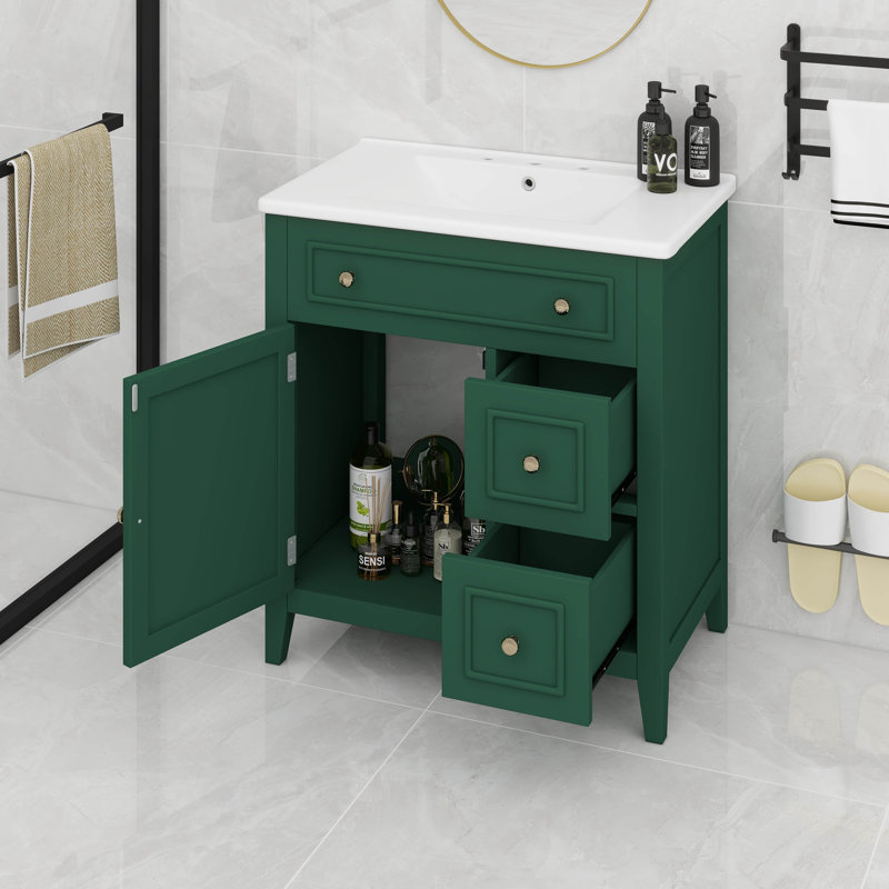 Meuble-lavabo de salle de bain avec lavabo et armoire de rangement, lavabo en céramique, 2 tiroirs et porte, Vert
