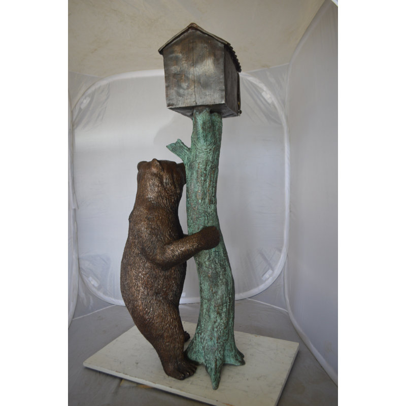 Bear beside a Tree with Mailbox Bronze Statue -  Size: 19"L x 20"W x 50"H. 