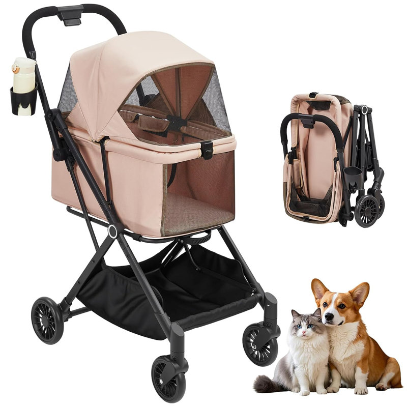 4-Wheel Pet Stroller for Cats & Dogs Up to 50Lbs - Lightweight Foldable Dog Stroller with 360° Swivel Wheels, Weatherproof Cabin & Storage Basket