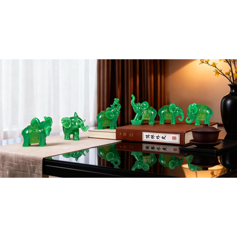 Ensemble de 6 figurines d'éléphant au look jade vert avec motifs dorés - Statues d'animaux Lucky Feng Shui, Vert
