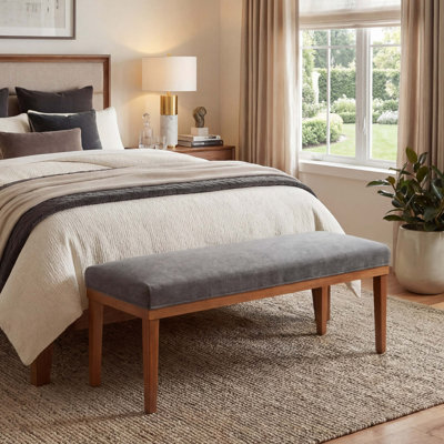 53'' W End Of Bed Bench Upholstered With Wooden Legs For Bedroom, Gray Velvet Cushion Seat