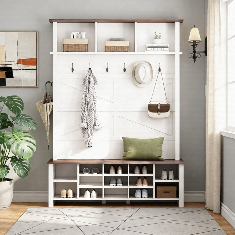 Farmhouse 4-In-1 Hall Tree With Bench, 6 Hooks & 16 Open Compartments, Entryway Shoe Organizer, White
