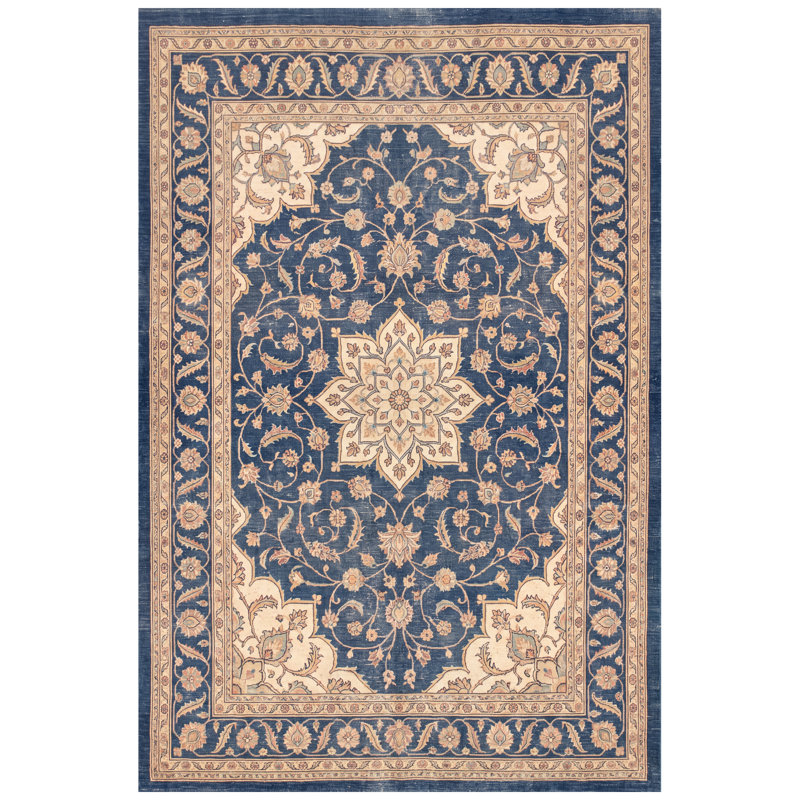 Tapis en basalte à médaillon traditionnel, style persan, bleu marine, ivoire, or, vert et rose, lavable à la machine, antidérapant, à poils courts, pour l'intérieur et l'extérieur, adapté aux animaux domestiques, idéal pour le salon, la chambre, la salle à manger, l'entrée, le couloir ou le bureau.
