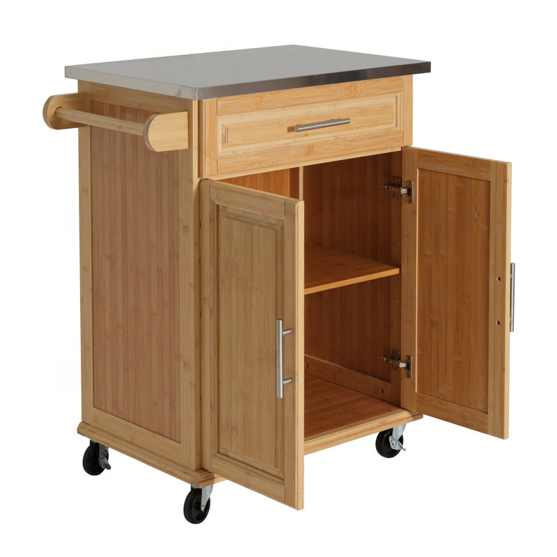 Indoor Compact Bamboo Rolling Kitchen Cart with Stainless Steel Top, Drawer & Cabinet