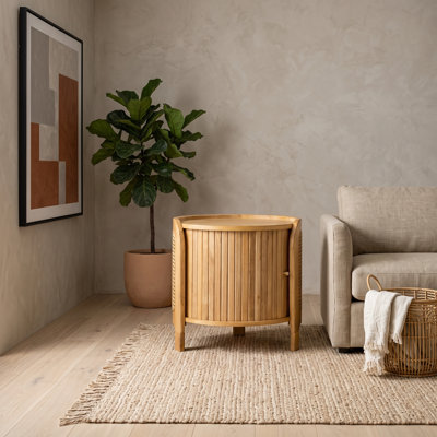 Modern Wooden Round Rotating Coffee Table with Storage Space and Rattan Detail