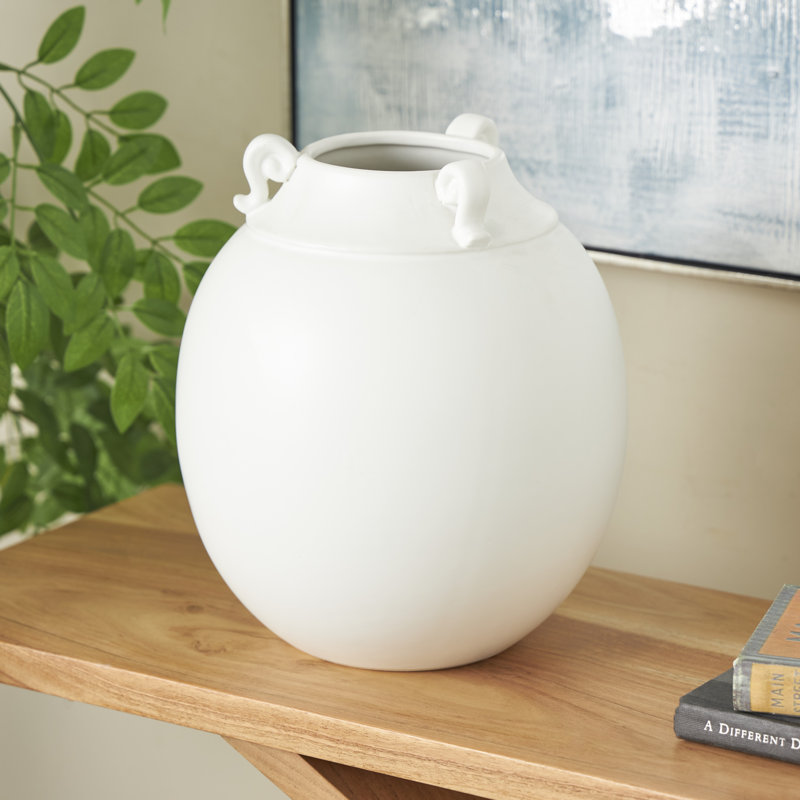 Zadah Ceramic Minimalistic Decorative White Vase with Scroll Handles
