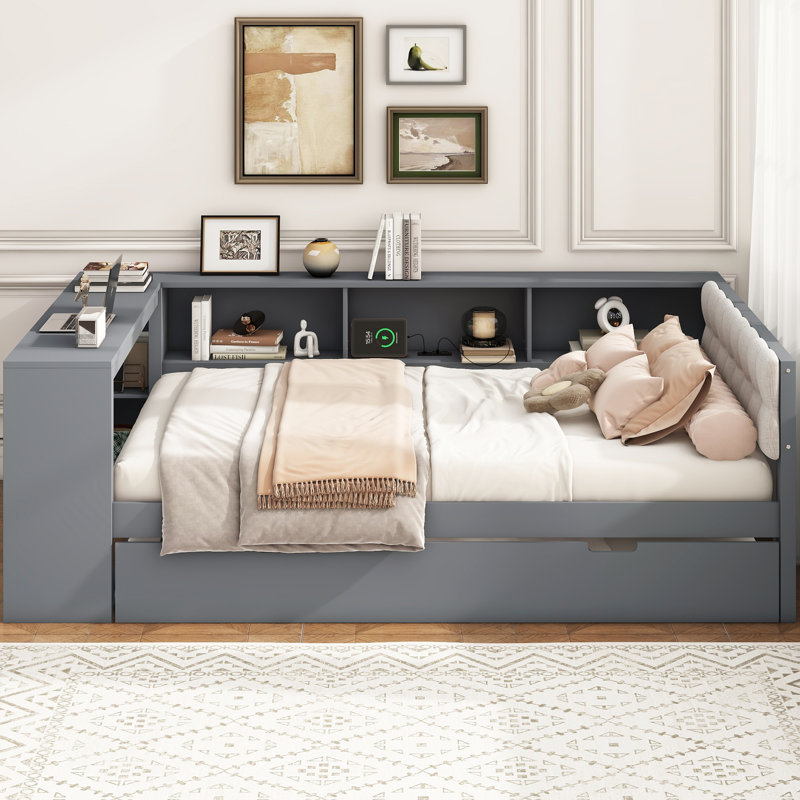 Daybed With Trundle And Charging Station, Full/Double, Gray