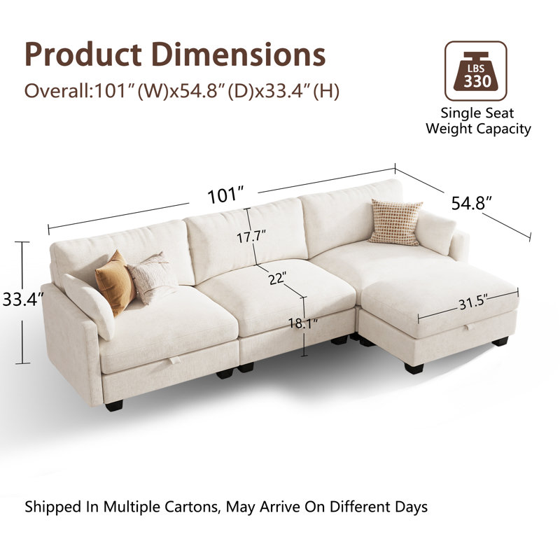 Canapé modulaire modulaire pour salon, canapé confortable avec sièges de rangement et repose-pieds, Beige