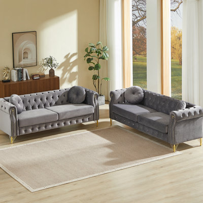 Velvet Chesterfield Sofa With Round Pillows, Copper Studs, Tufted Buttons, Metal Legs & Decorative Loops