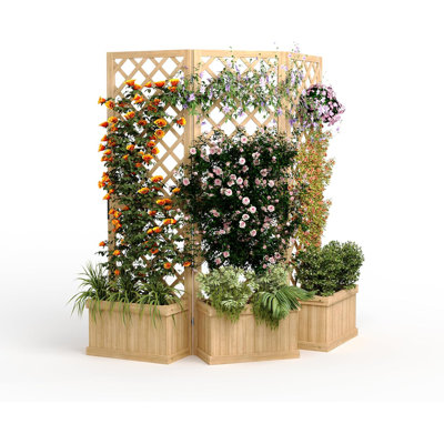 Cedar Privacy Screen With Planter Box - 10"X65"Garden Fence Panel,3 Hinged Freestanding With Drain Holes, Natural Wood Room Divider For Patio, Deck, Backyard & Balcony