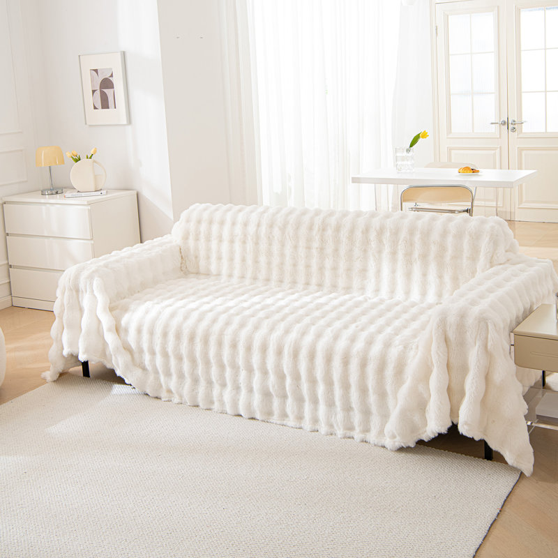 1-Piece Faux Fur Box Cushion Slipcover, 71" H x 134" W, White