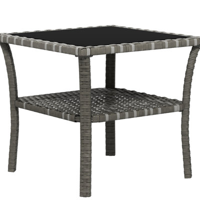 Table d'extérieur en verre trempé gris, tablette de rangement, cadre en aluminium à 2 extrémités carrées