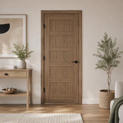 5-Panel Engineered Veneer Walnut Solid Core Wood Shaker Prehung Interior Door with Frame