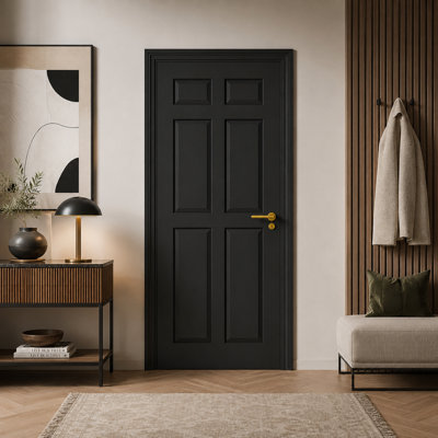 32" x 80" Black Prefinished 6-Panel Solid Core Manufactured Wood Interior Door Slab for Bedroom, Closet, Pantry and Office, Without Frame and Hardware Kit