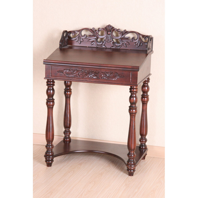 Ornate Hand-Carved Brown Wood Writing Desk with Drawer