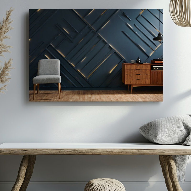 Toile, une scène intérieure moderne avec un art mural géométrique épuré avec des tons foncés et des accents dorés subtils créant une toile d'art sur toile